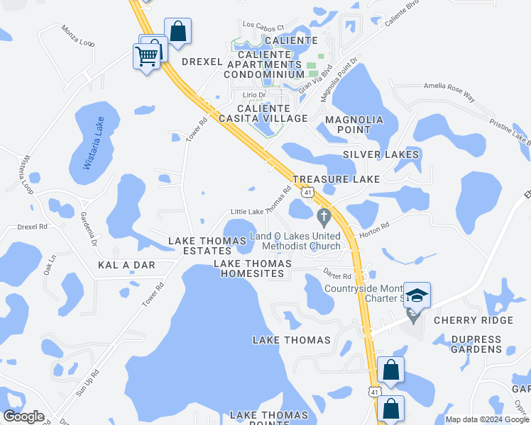 map of restaurants, bars, coffee shops, grocery stores, and more near 21198 Little Lake Thomas Road in Land O' Lakes