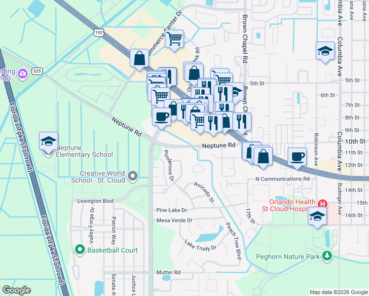 map of restaurants, bars, coffee shops, grocery stores, and more near 4503 Neptune Road in Saint Cloud