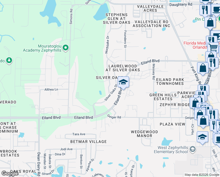 map of restaurants, bars, coffee shops, grocery stores, and more near 6208 Huntington Drive in Zephyrhills