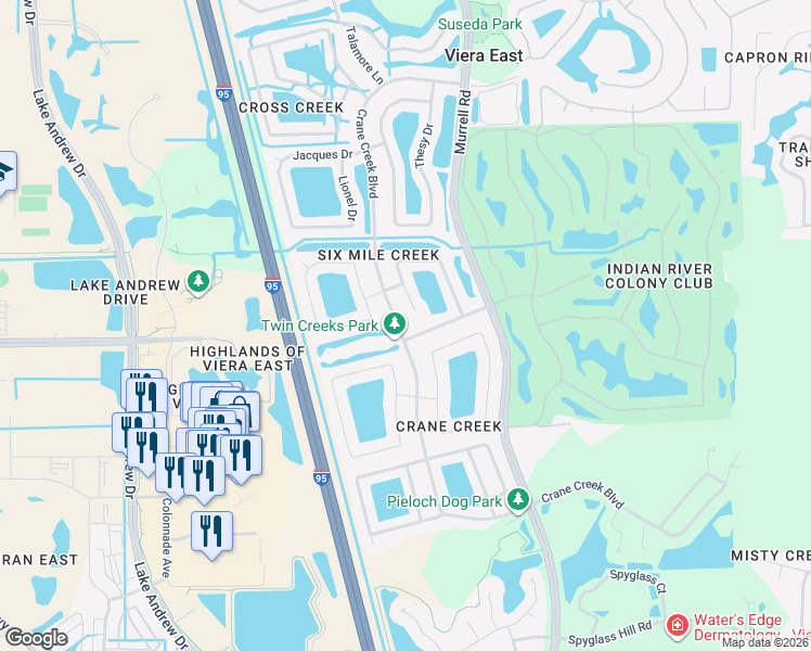 map of restaurants, bars, coffee shops, grocery stores, and more near 1870 Crane Creek Boulevard in Melbourne