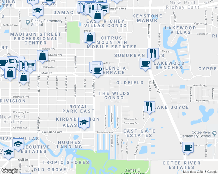 map of restaurants, bars, coffee shops, grocery stores, and more near 6137 Elmhurst Drive in New Port Richey