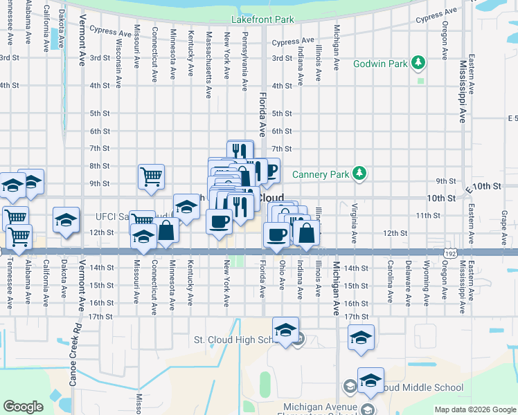 map of restaurants, bars, coffee shops, grocery stores, and more near 1016 Florida Avenue in Saint Cloud