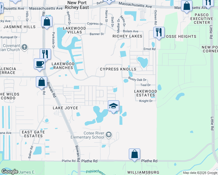 map of restaurants, bars, coffee shops, grocery stores, and more near 7551 Cadiz Avenue in New Port Richey