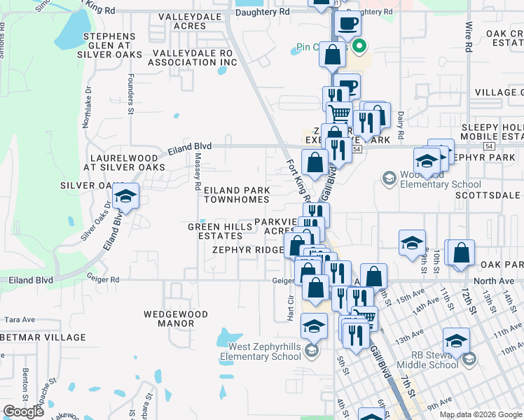 map of restaurants, bars, coffee shops, grocery stores, and more near 37719 Newal Avenue in Zephyrhills
