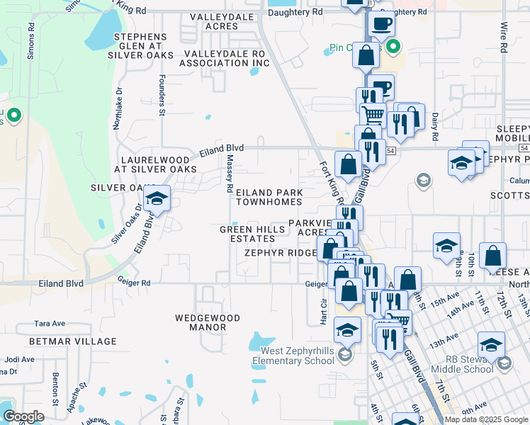 map of restaurants, bars, coffee shops, grocery stores, and more near 37635 Newal Avenue in Zephyrhills