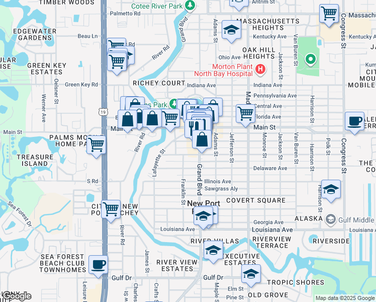 map of restaurants, bars, coffee shops, grocery stores, and more near 5650 Montana Avenue in New Port Richey