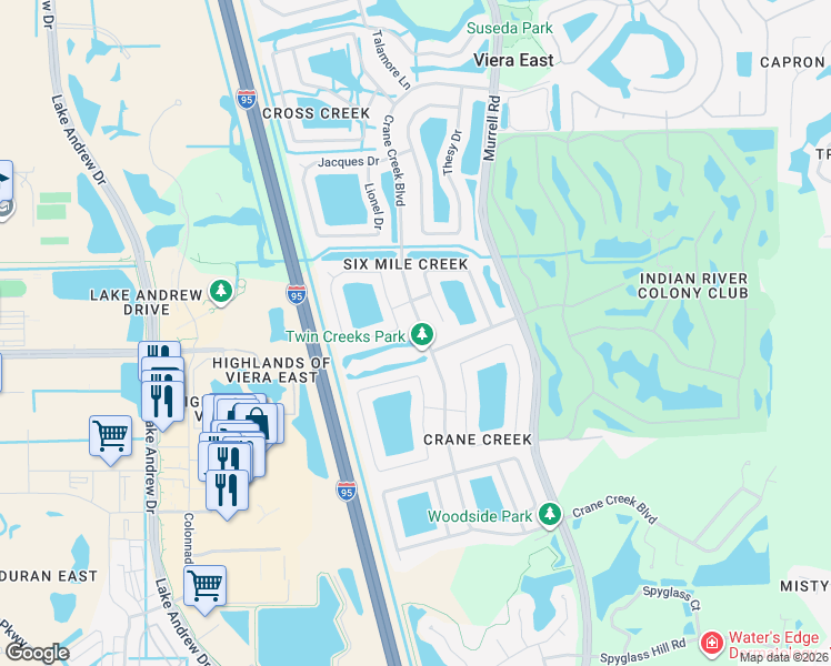 map of restaurants, bars, coffee shops, grocery stores, and more near 1870 Crane Creek Boulevard in Melbourne