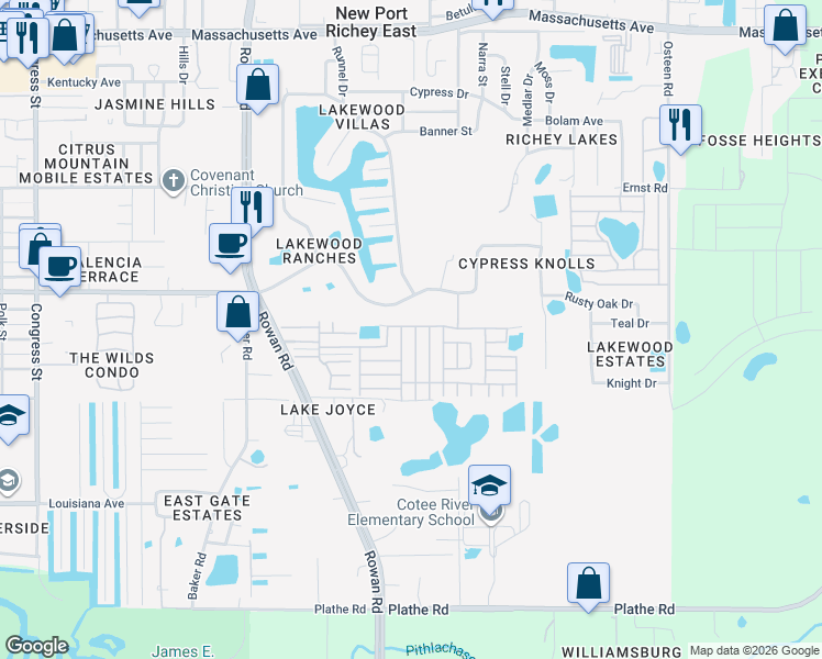 map of restaurants, bars, coffee shops, grocery stores, and more near 6141 Saragossa Avenue in New Port Richey
