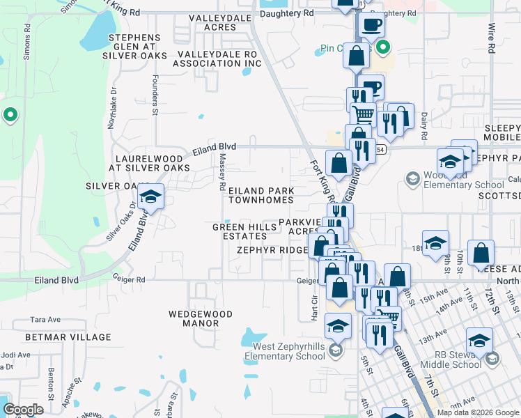 map of restaurants, bars, coffee shops, grocery stores, and more near 37636 Aaralyn Road in Zephyrhills