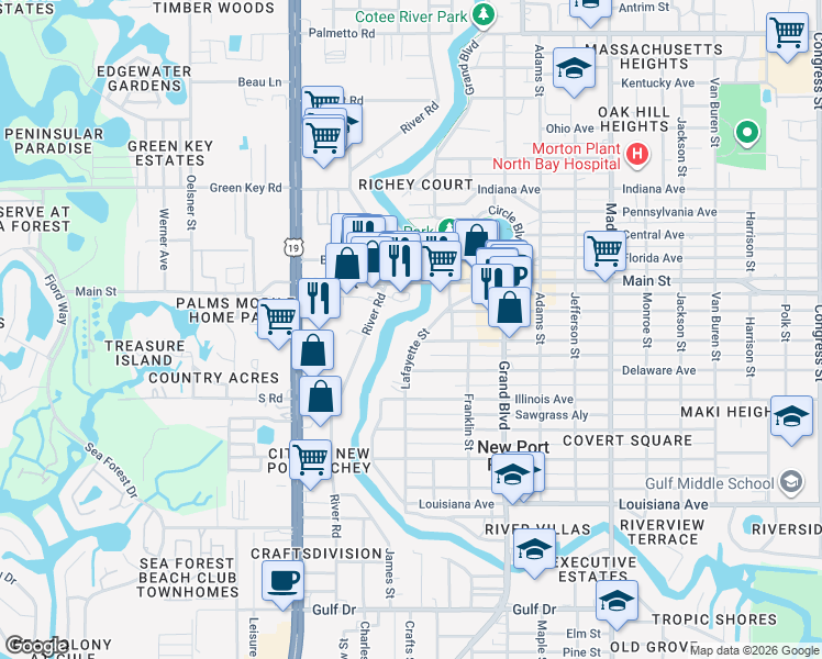 map of restaurants, bars, coffee shops, grocery stores, and more near 6123 Lafayette Street in New Port Richey