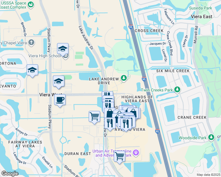 map of restaurants, bars, coffee shops, grocery stores, and more near 2300 Judge Fran Jamieson Way in Melbourne