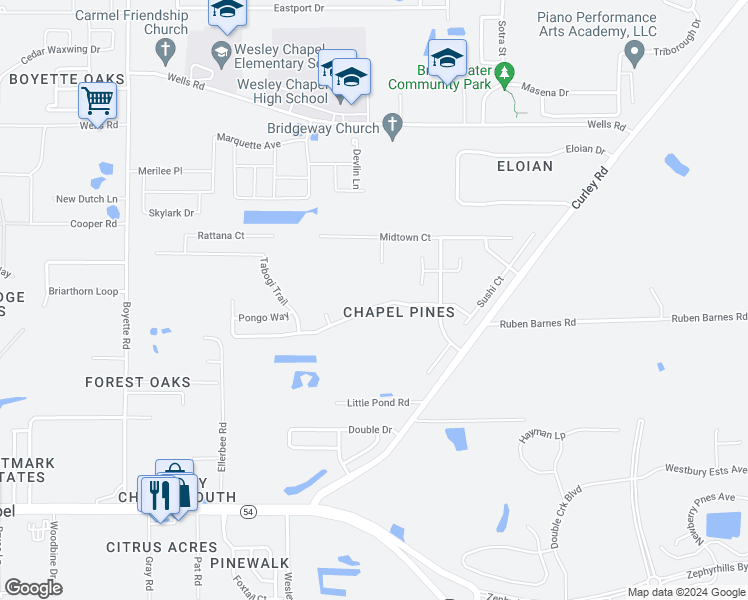 map of restaurants, bars, coffee shops, grocery stores, and more near 30627 Birdhouse Drive in Wesley Chapel