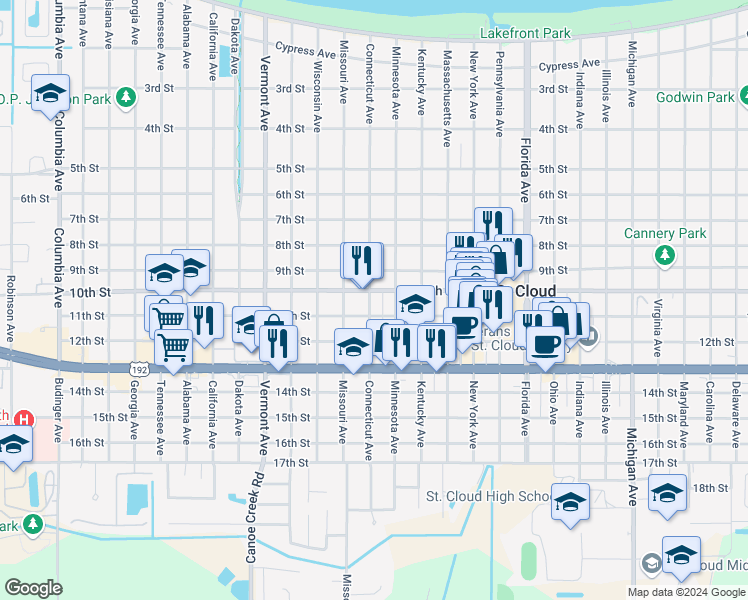 map of restaurants, bars, coffee shops, grocery stores, and more near 1011 Connecticut Avenue in Saint Cloud
