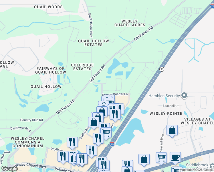map of restaurants, bars, coffee shops, grocery stores, and more near 6300 Oakley Boulevard in Zephyrhills