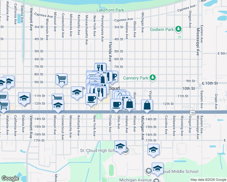 map of restaurants, bars, coffee shops, grocery stores, and more near 1007 Florida Avenue in St. Cloud