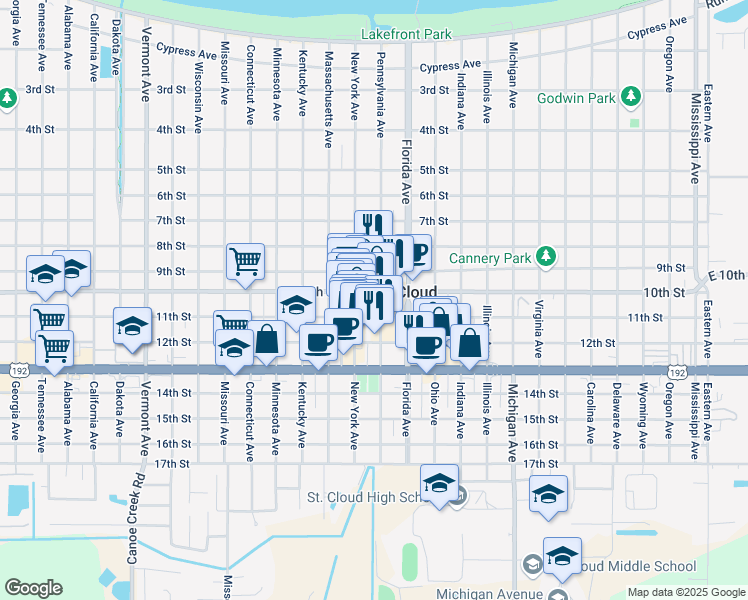 map of restaurants, bars, coffee shops, grocery stores, and more near 1118 11th Street in St. Cloud