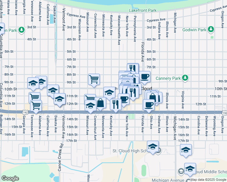 map of restaurants, bars, coffee shops, grocery stores, and more near 1013 Kentucky Avenue in Saint Cloud