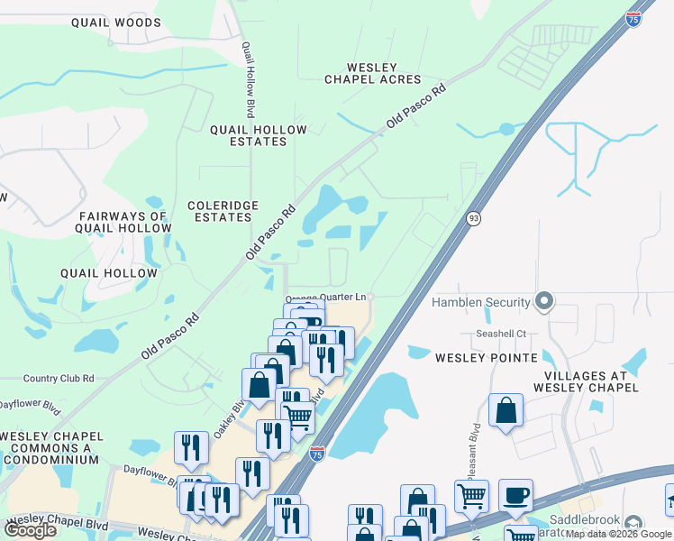 map of restaurants, bars, coffee shops, grocery stores, and more near 6135 Ryerson Circle in Wesley Chapel