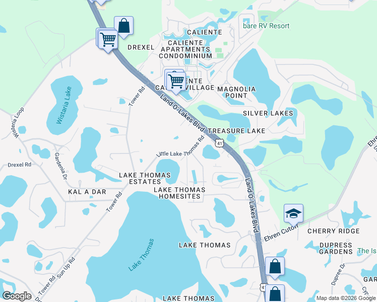 map of restaurants, bars, coffee shops, grocery stores, and more near 21121 Little Lake Thomas Road in Land O' Lakes