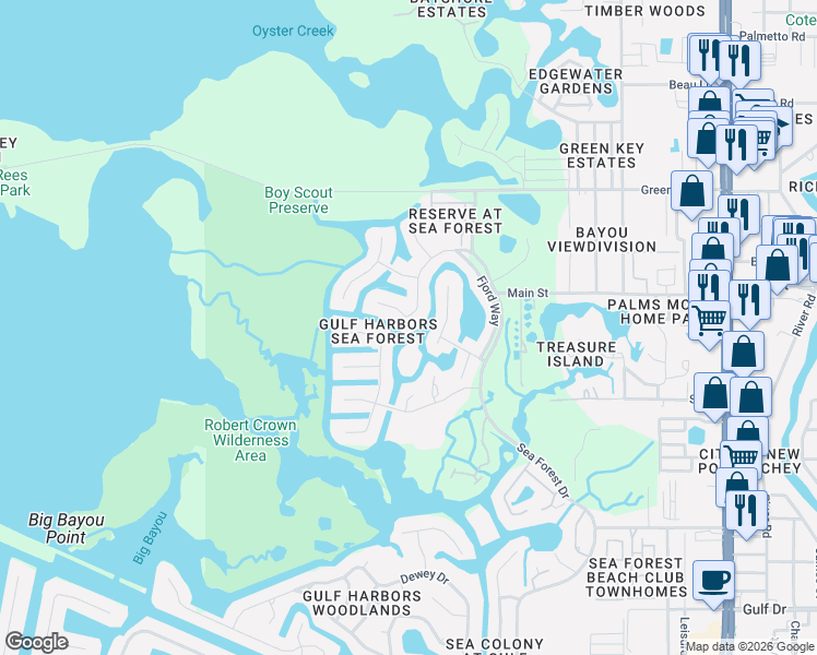 map of restaurants, bars, coffee shops, grocery stores, and more near 6115 Bayside Drive in Port Richey