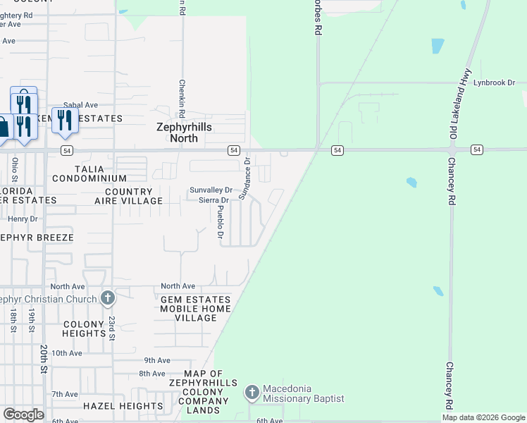 map of restaurants, bars, coffee shops, grocery stores, and more near 6316 Eagles Nest Drive in Zephyrhills