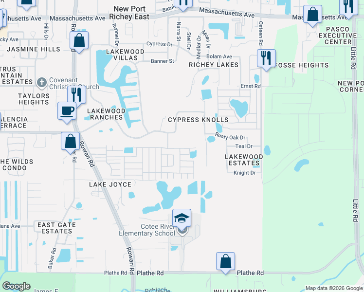 map of restaurants, bars, coffee shops, grocery stores, and more near 7551 Cadiz Avenue in New Port Richey