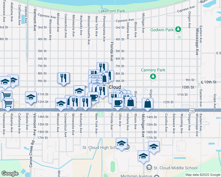 map of restaurants, bars, coffee shops, grocery stores, and more near 1000 Florida Avenue in Saint Cloud