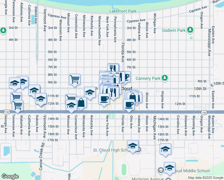 map of restaurants, bars, coffee shops, grocery stores, and more near 1037 New York Avenue in St. Cloud