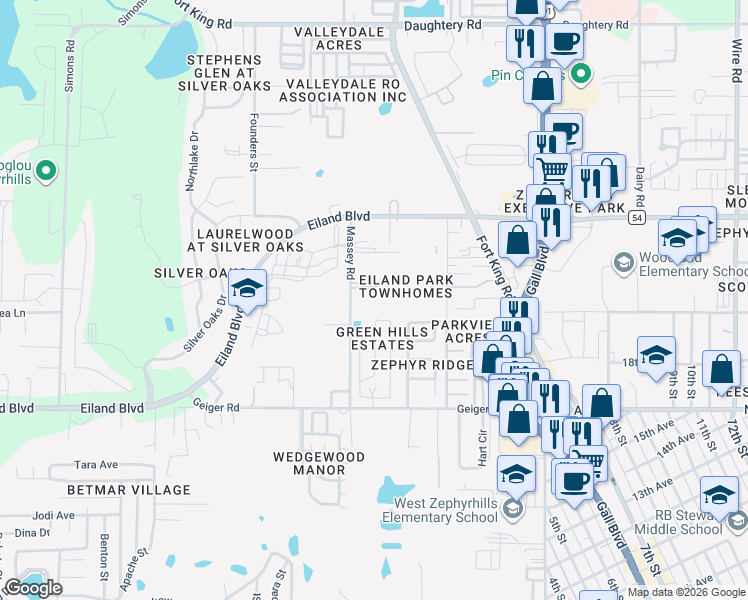 map of restaurants, bars, coffee shops, grocery stores, and more near 6223 Crestview Lane in Zephyrhills