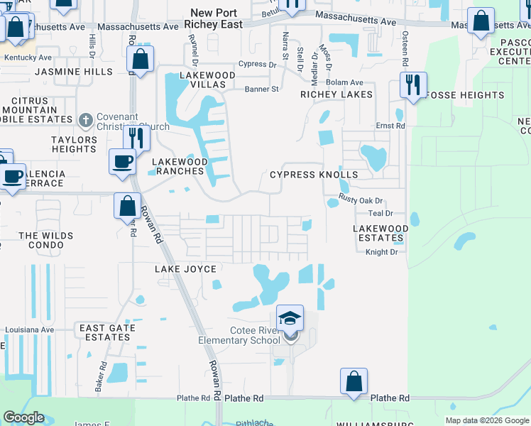 map of restaurants, bars, coffee shops, grocery stores, and more near 6121 Cortez Avenue in New Port Richey