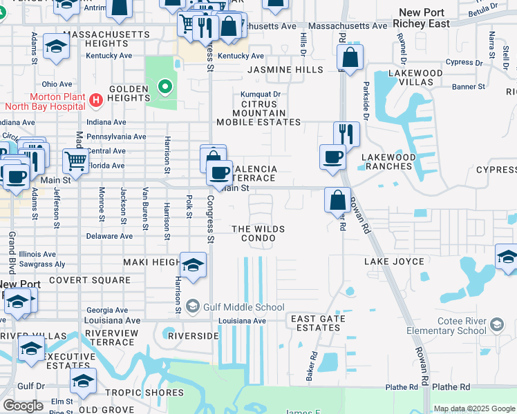 map of restaurants, bars, coffee shops, grocery stores, and more near 6642 Dartmoor Lane in New Port Richey