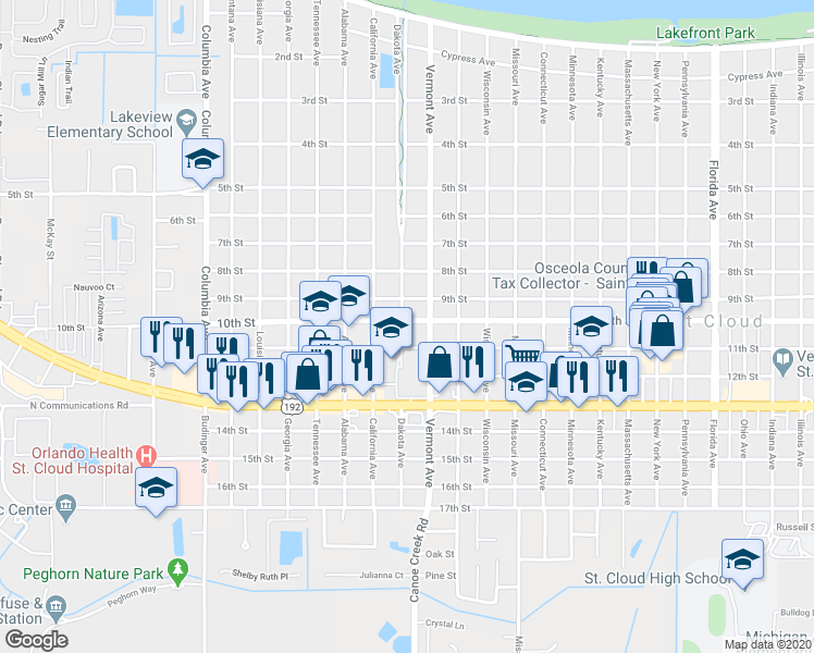map of restaurants, bars, coffee shops, grocery stores, and more near 2121 10th Street in Saint Cloud