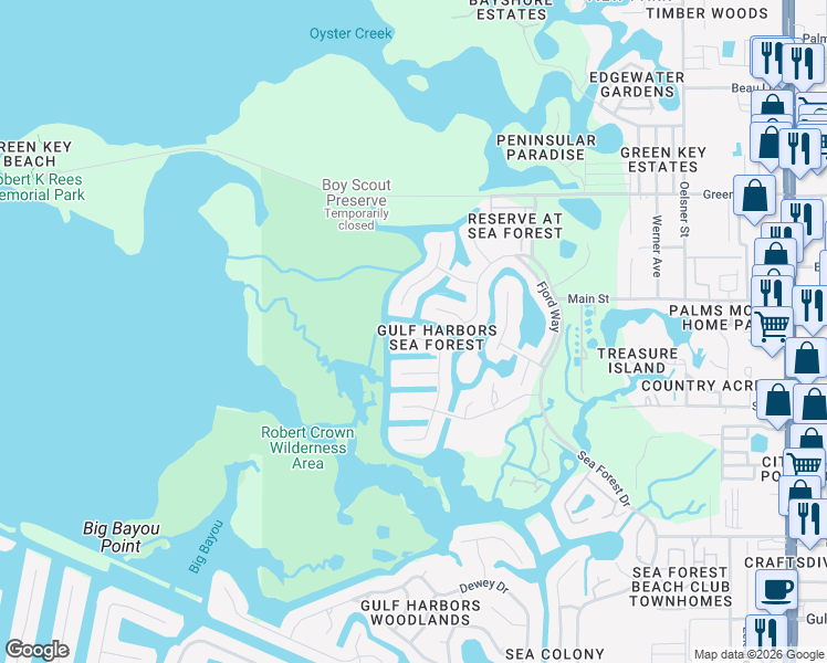 map of restaurants, bars, coffee shops, grocery stores, and more near 6181 Seaside Drive in New Port Richey