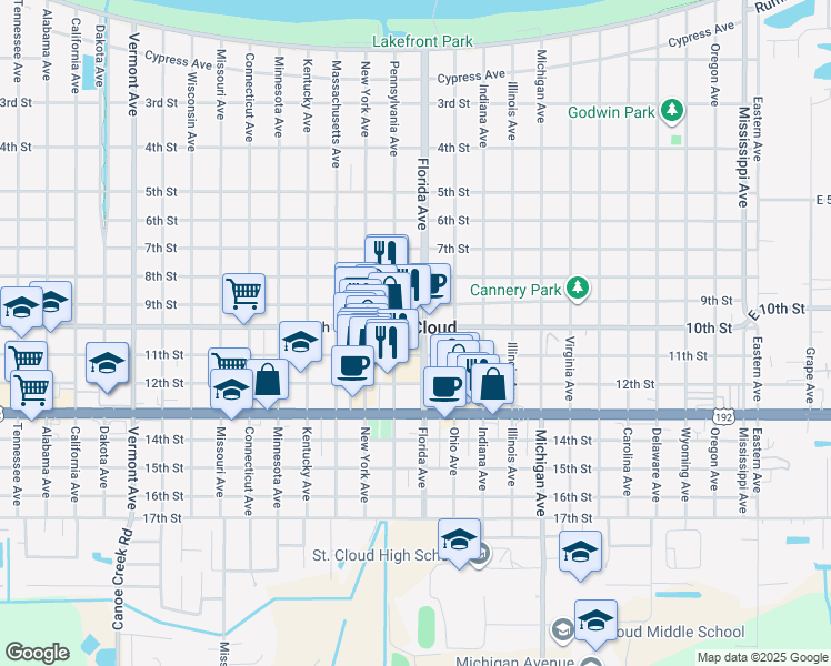 map of restaurants, bars, coffee shops, grocery stores, and more near 1107 10th Street in Saint Cloud