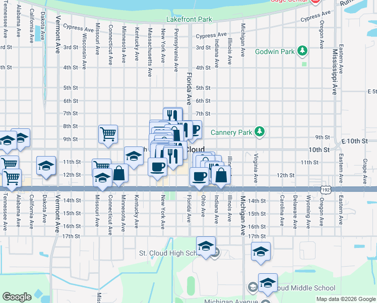 map of restaurants, bars, coffee shops, grocery stores, and more near 1103 10th Street in Saint Cloud