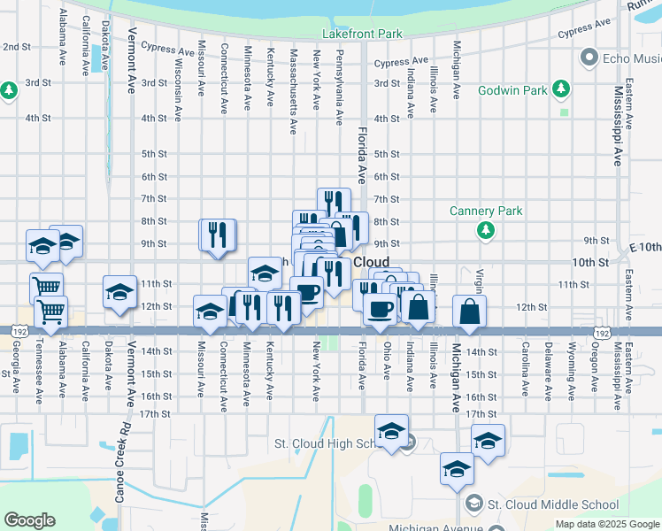 map of restaurants, bars, coffee shops, grocery stores, and more near 1215 10th Street in Saint Cloud