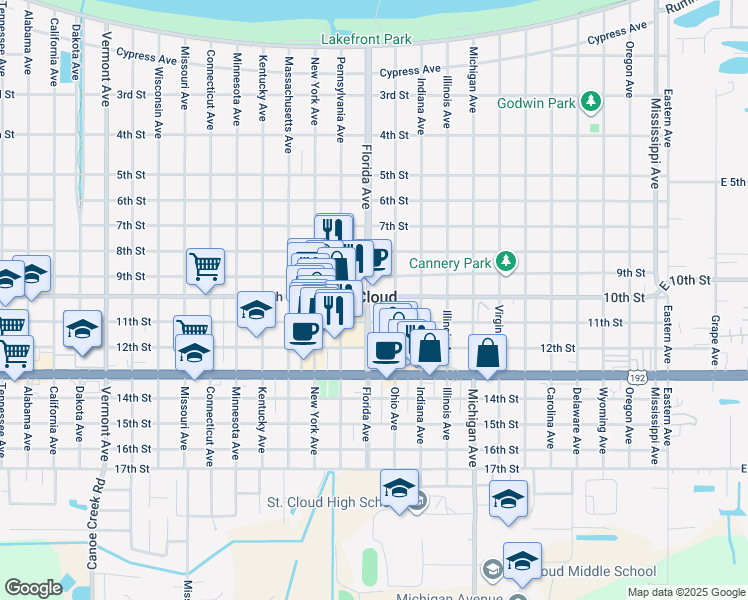 map of restaurants, bars, coffee shops, grocery stores, and more near 1003 Florida Avenue in St. Cloud
