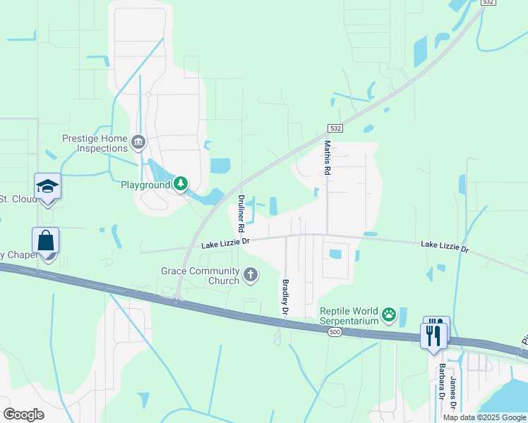 map of restaurants, bars, coffee shops, grocery stores, and more near 5535 Lake Lizzie Drive in St. Cloud