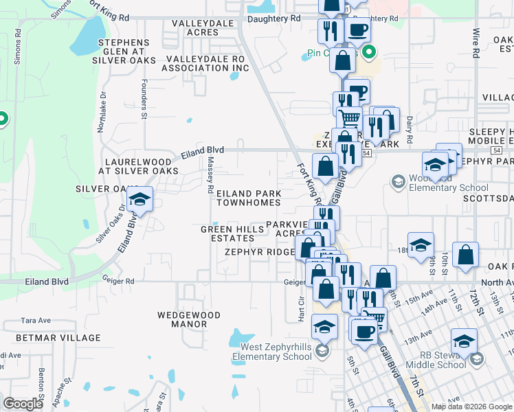 map of restaurants, bars, coffee shops, grocery stores, and more near 6320 Timberly Lane in Zephyrhills