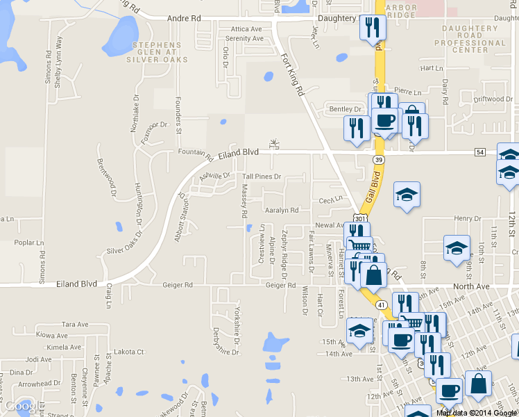 map of restaurants, bars, coffee shops, grocery stores, and more near 6321 Maisai Road in Zephyrhills