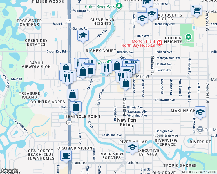 map of restaurants, bars, coffee shops, grocery stores, and more near 6241 Lincoln Street in Port Richey