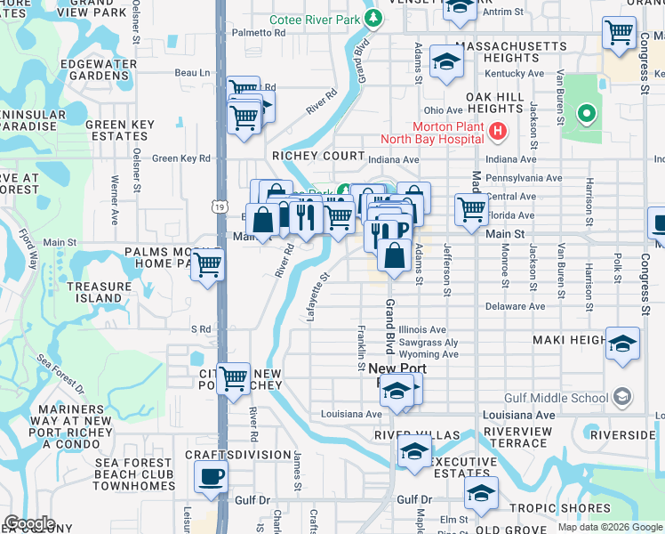 map of restaurants, bars, coffee shops, grocery stores, and more near 6241 Lincoln Street in Port Richey