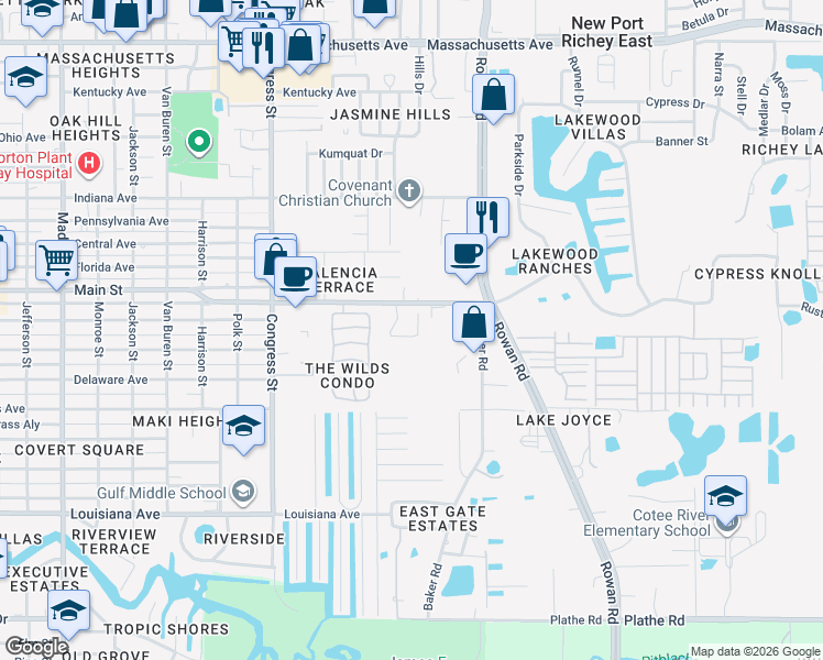 map of restaurants, bars, coffee shops, grocery stores, and more near 6118 Canopy Oaks Court in New Port Richey