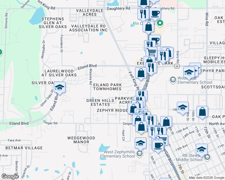 map of restaurants, bars, coffee shops, grocery stores, and more near 6320 Timberly Lane in Zephyrhills