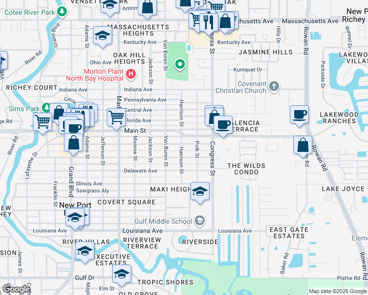 map of restaurants, bars, coffee shops, grocery stores, and more near 6229 Harrison Street in New Port Richey