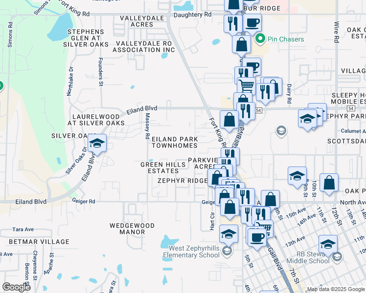 map of restaurants, bars, coffee shops, grocery stores, and more near 6320 Timberly Lane in Zephyrhills