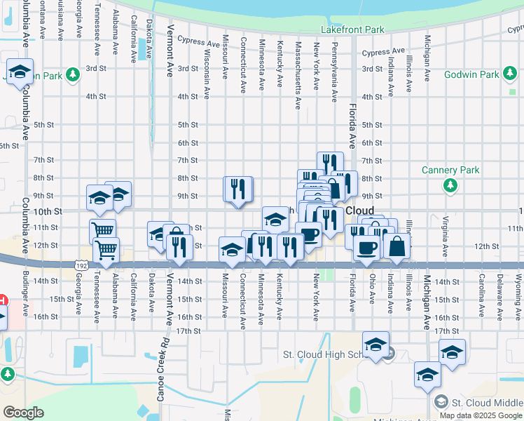 map of restaurants, bars, coffee shops, grocery stores, and more near 1001 Minnesota Avenue in Saint Cloud