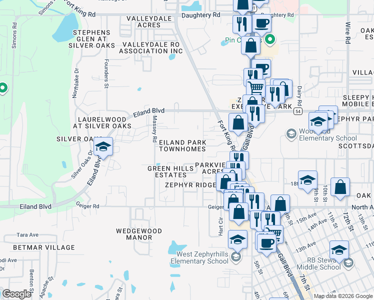 map of restaurants, bars, coffee shops, grocery stores, and more near 6320 Timberly Lane in Zephyrhills