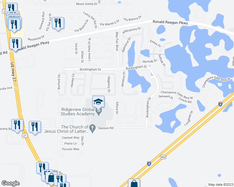 map of restaurants, bars, coffee shops, grocery stores, and more near 719 Knightsbridge Circle in Davenport