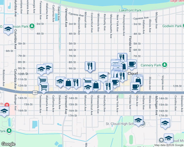 map of restaurants, bars, coffee shops, grocery stores, and more near 1625 10th Street in St. Cloud